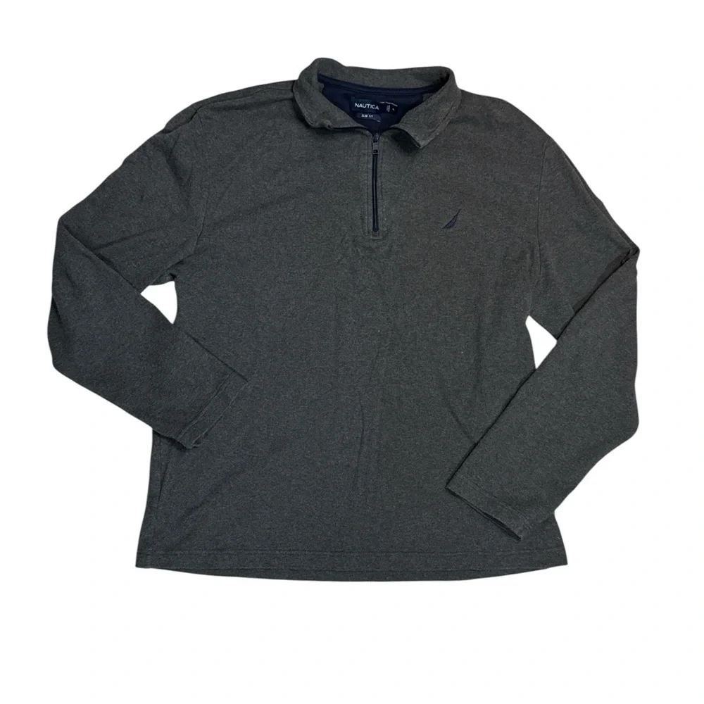 Nautica Gray 3/4 Zip Up Sweater Charcoal Grey with Navy Blue Detail Slim Fit XL